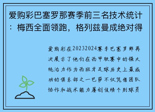 爱购彩巴塞罗那赛季前三名技术统计：梅西全面领跑，格列兹曼成绝对得分利器