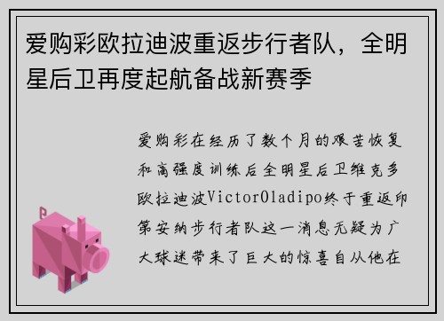 爱购彩欧拉迪波重返步行者队，全明星后卫再度起航备战新赛季