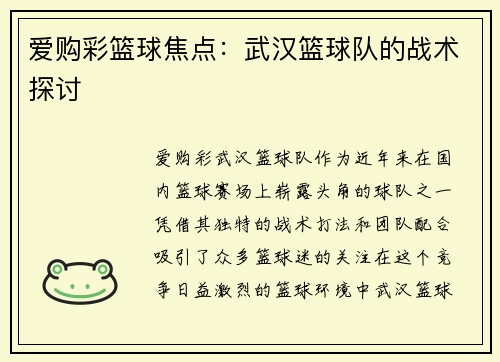 爱购彩篮球焦点：武汉篮球队的战术探讨