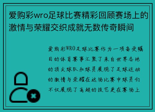 爱购彩wro足球比赛精彩回顾赛场上的激情与荣耀交织成就无数传奇瞬间