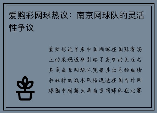 爱购彩网球热议：南京网球队的灵活性争议