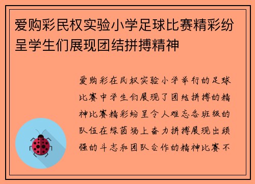 爱购彩民权实验小学足球比赛精彩纷呈学生们展现团结拼搏精神