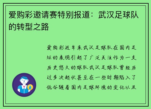 爱购彩邀请赛特别报道：武汉足球队的转型之路