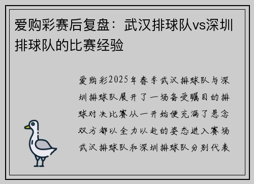 爱购彩赛后复盘：武汉排球队vs深圳排球队的比赛经验