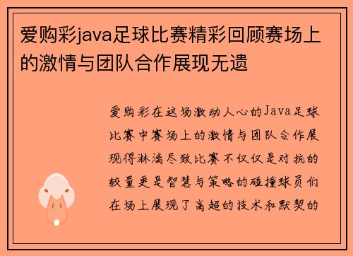 爱购彩java足球比赛精彩回顾赛场上的激情与团队合作展现无遗