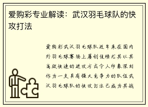 爱购彩专业解读：武汉羽毛球队的快攻打法
