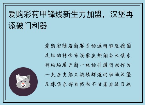 爱购彩荷甲锋线新生力加盟，汉堡再添破门利器